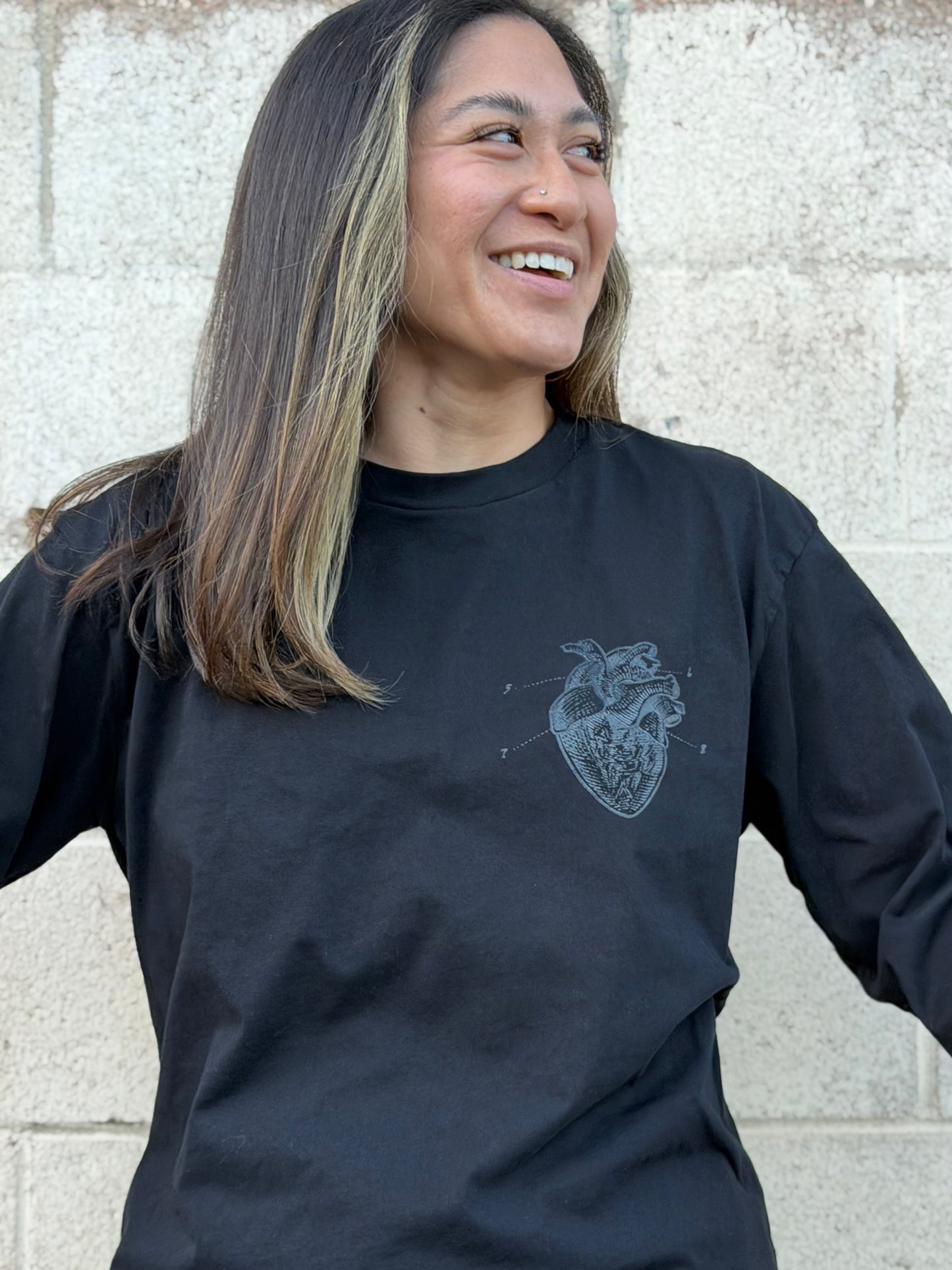 Heart Long Sleeve Tee (Black With Black)